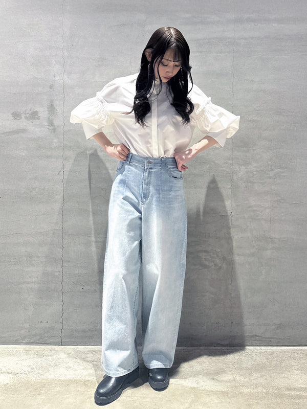 バルーン袖ストライブシャツ