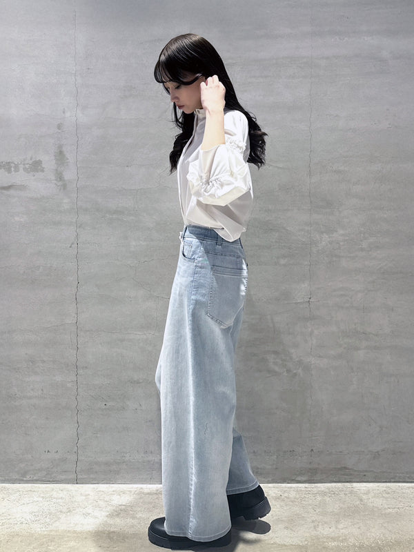 バルーン袖ストライブシャツ