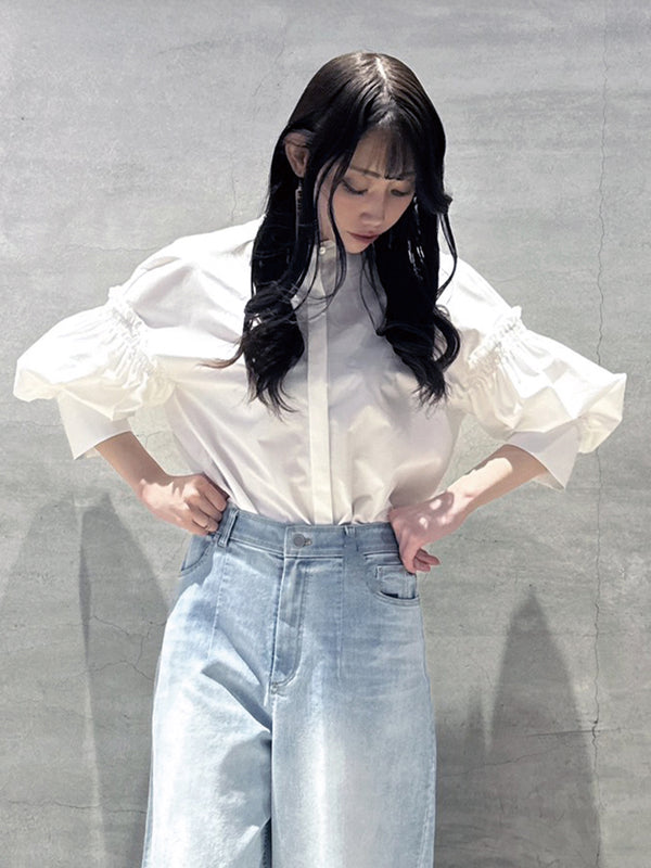 バルーン袖ストライブシャツ