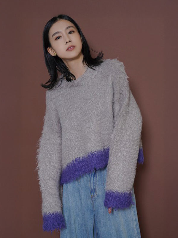 配色カーリーショートニット