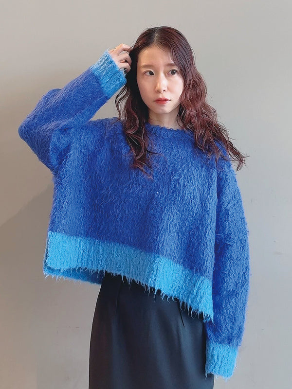 配色カーリーショートニット