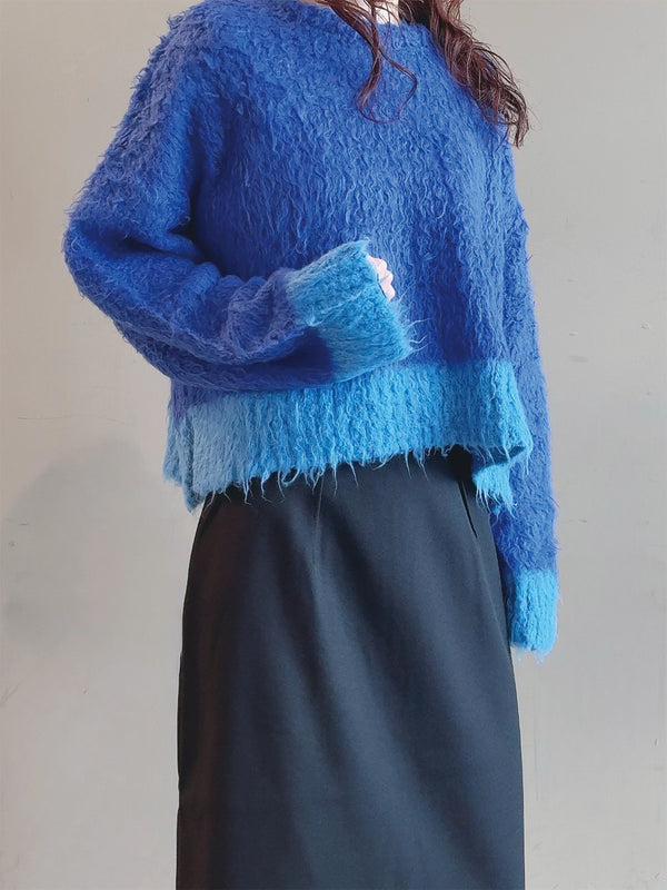 配色カーリーショートニット