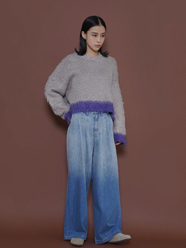 配色カーリーショートニット