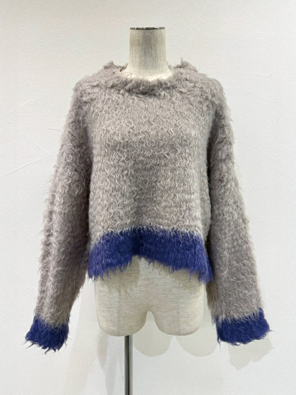 配色カーリーショートニット