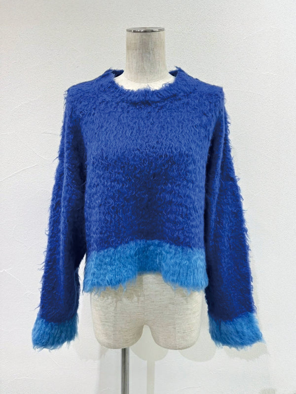 配色カーリーショートニット