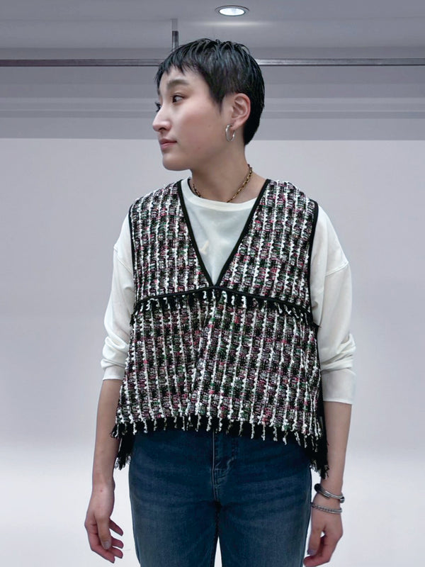 バックオーバートリムツイードベスト