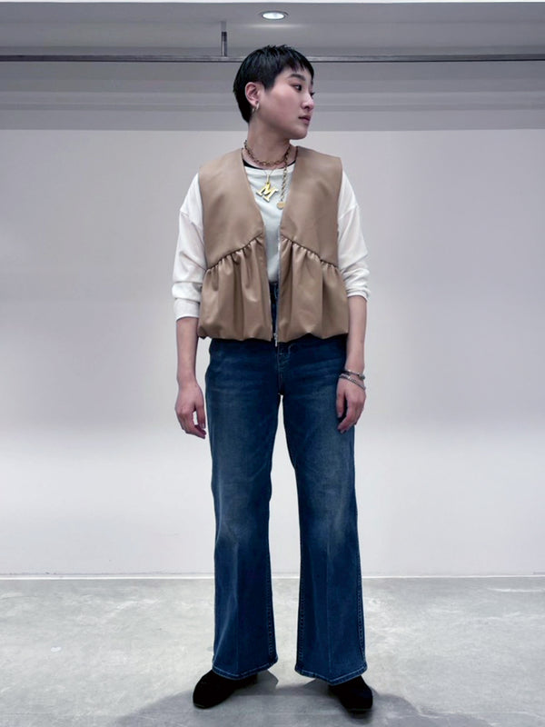 ヴィーガンレザーバルーンギャザーベスト