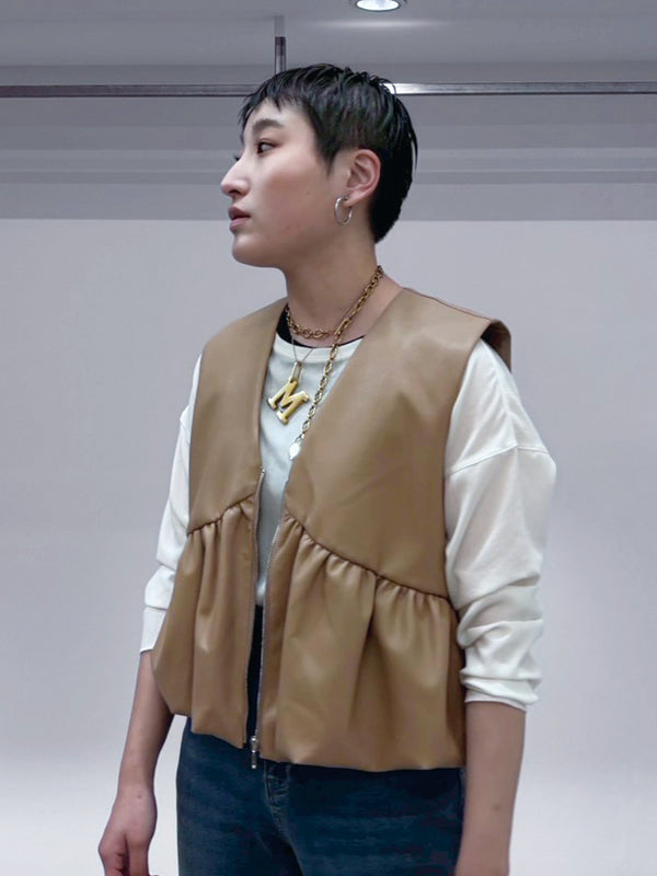 ヴィーガンレザーバルーンギャザーベスト