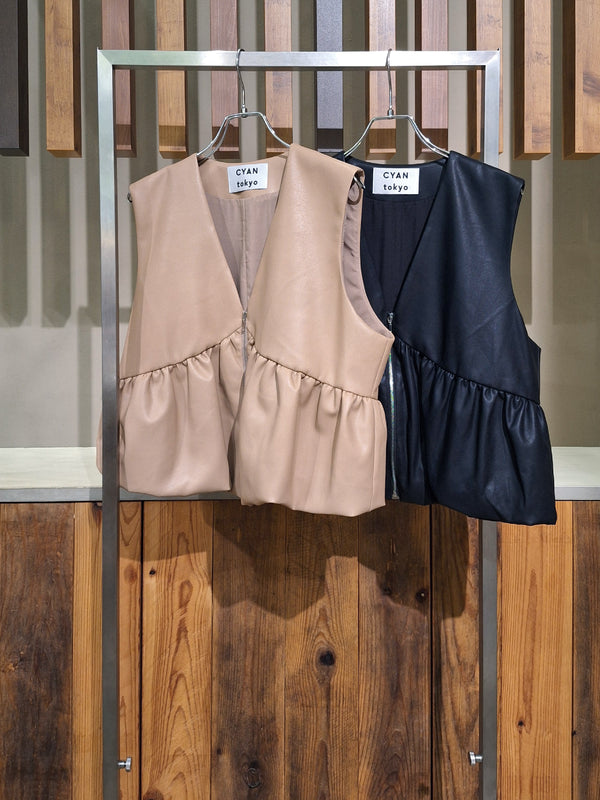 ヴィーガンレザーバルーンギャザーベスト