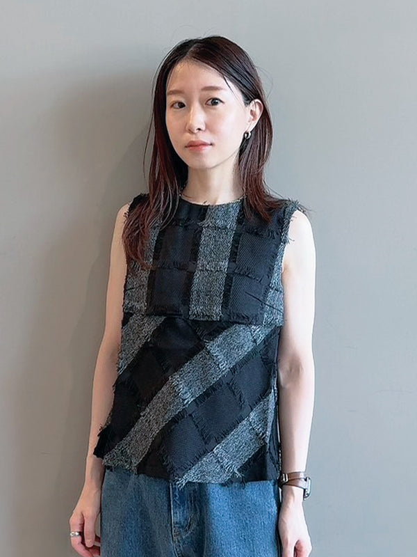 cut jacquard check blouse