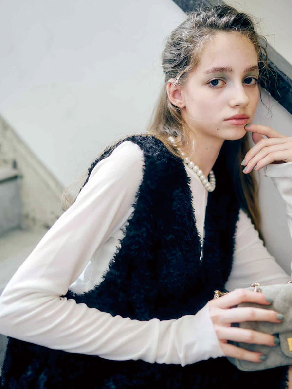 メッシュニットクルーネックトップス